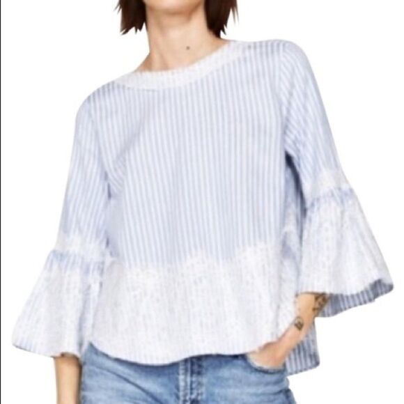 Zara Woman Boho lace & stripe‎ bell sleeve blouse top - Picture 2 of 8